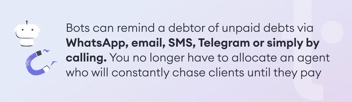 Bots can remind a debtor of unpaid debts via WhatsApp, email, SMS, Telegram or simply by calling.